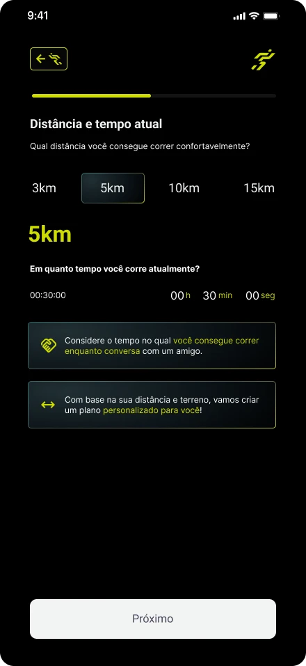 Tela de quiz de onboarding do AI Runner