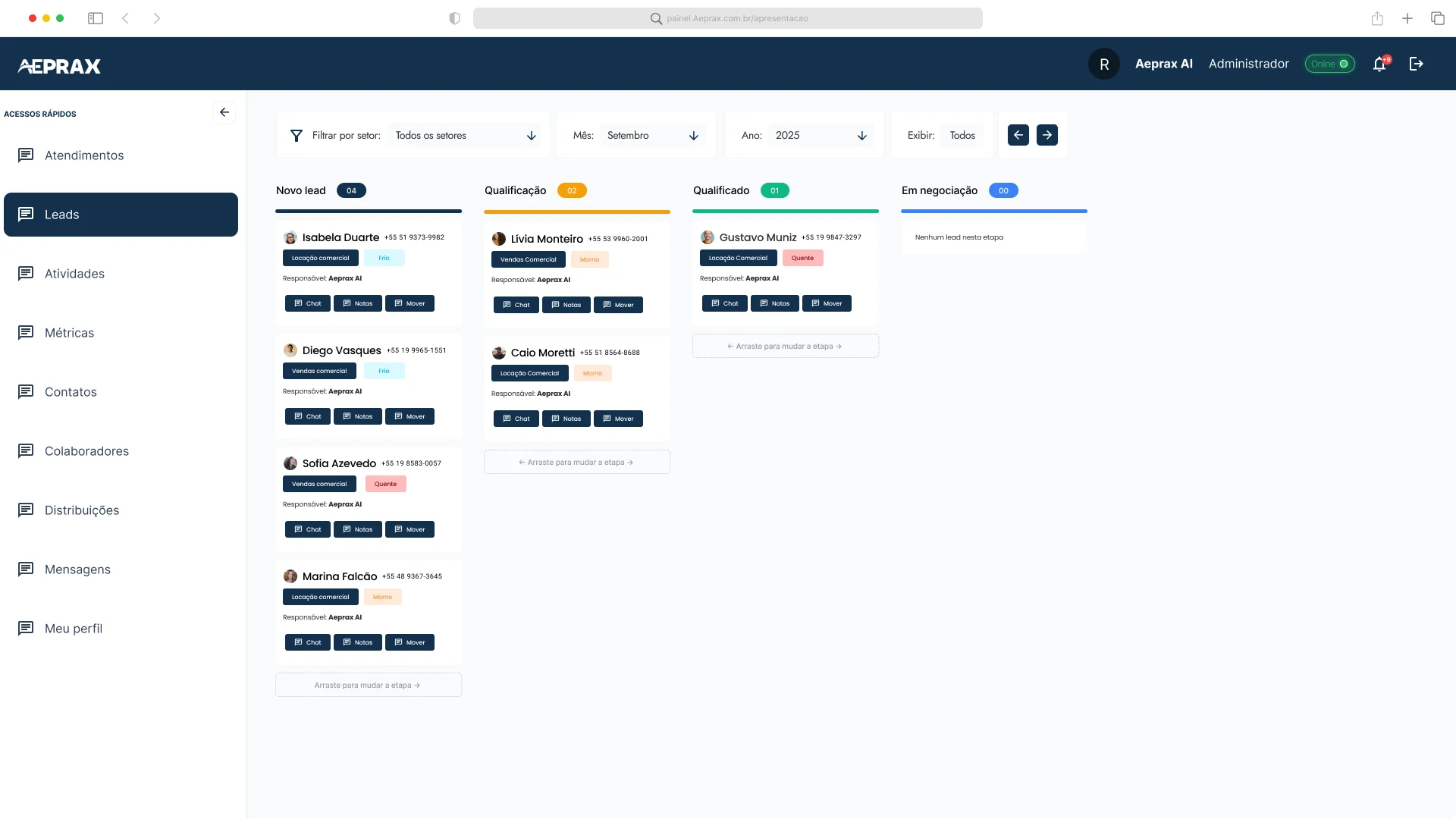Kanban de leads com 4 etapas